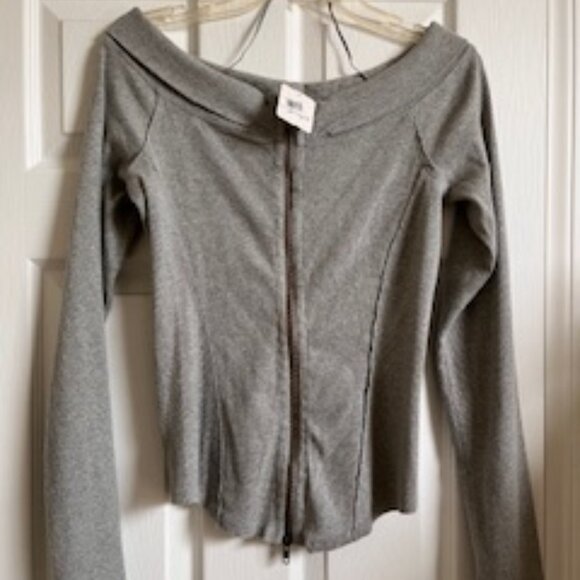 Free People NWT Eye Candy Off the Shoulder Long Sleeve Rib Zip Cotton Shirt - Picture 2 of 3